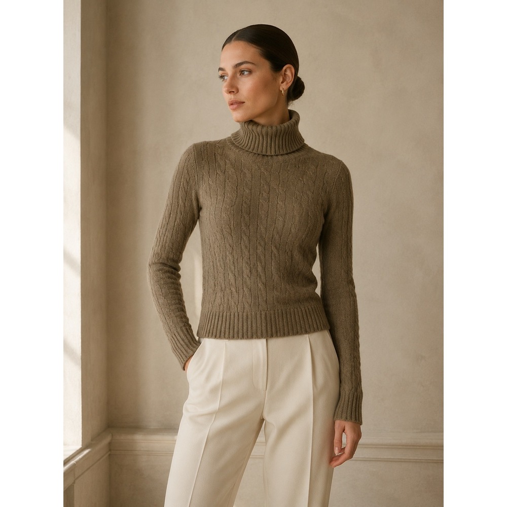 Ralph Lauren Slim Fit 100% Cashmere Cable Knit Turtleneck Sweater Taupe S